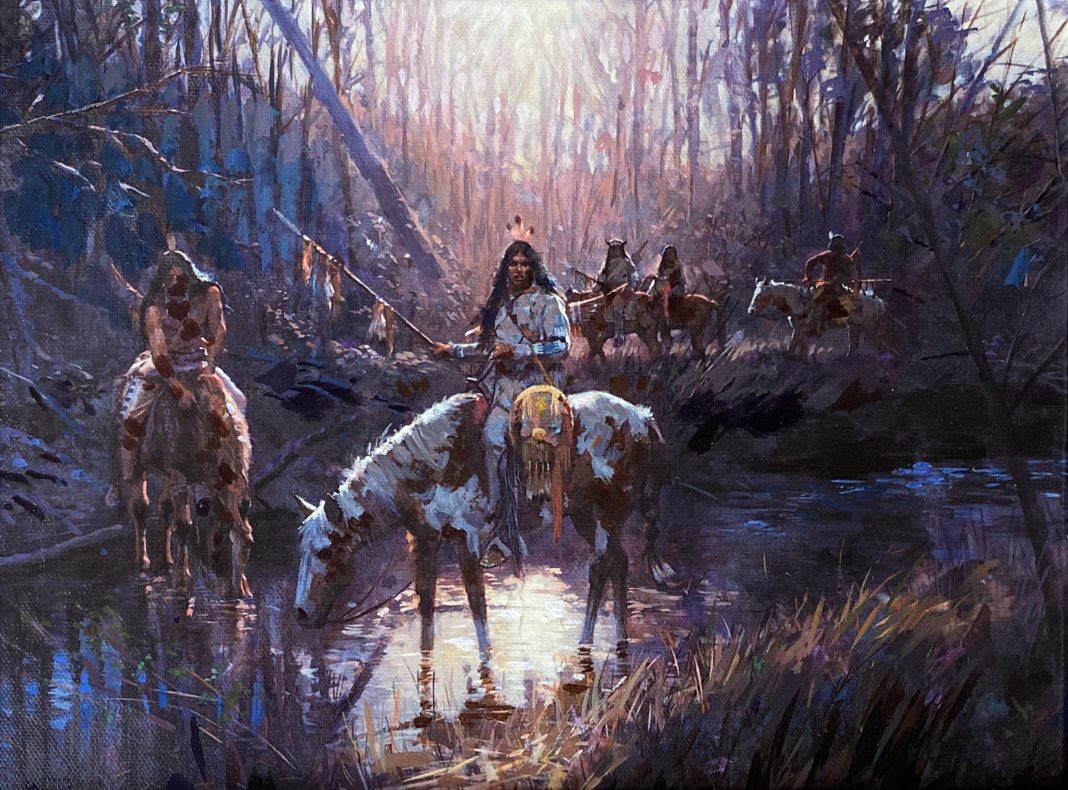 Jim Carson Before Sunset Native American Indian horses palomino paint river water stream mountains forest western landscape oil painting