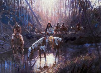 Jim Carson Before Sunset Native American Indian horses palomino paint river water stream mountains forest western landscape oil painting
