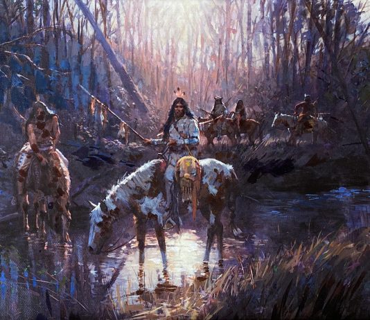 Jim Carson Before Sunset Native American Indian horses palomino paint river water stream mountains forest western landscape oil painting