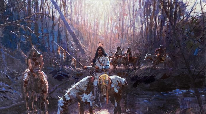 Jim Carson Before Sunset Native American Indian horses palomino paint river water stream mountains forest western landscape oil painting