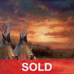 Kirk Randle Indian Sunset Native American camp encampment tee pee tipi western landscape oil painting sold