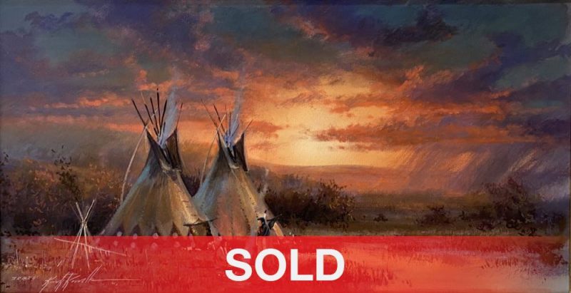 Kirk Randle Indian Sunset Native American camp encampment tee pee tipi western landscape oil painting sold