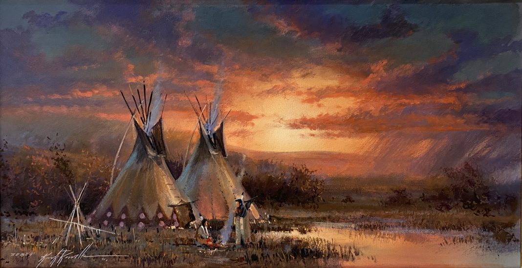 Kirk Randle Indian Sunset Native American camp encampment tee pee tipi western landscape oil painting