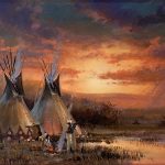 Kirk Randle Indian Sunset Native American camp encampment tee pee tipi western landscape oil painting
