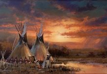 Kirk Randle Indian Sunset Native American camp encampment tee pee tipi western landscape oil painting