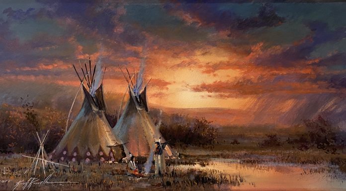 Kirk Randle Indian Sunset Native American camp encampment tee pee tipi western landscape oil painting