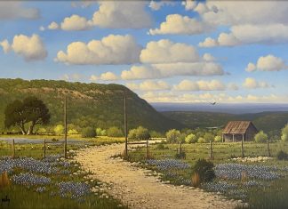 Larry Prellop Texas Bluebonnets landscape mountains clouds farm ranch western oil painting