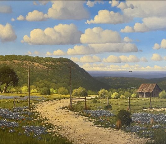 Larry Prellop Texas Bluebonnets landscape mountains clouds farm ranch western oil painting