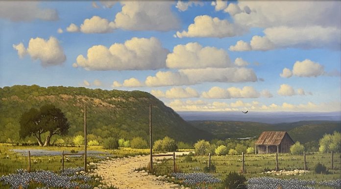 Larry Prellop Texas Bluebonnets landscape mountains clouds farm ranch western oil painting