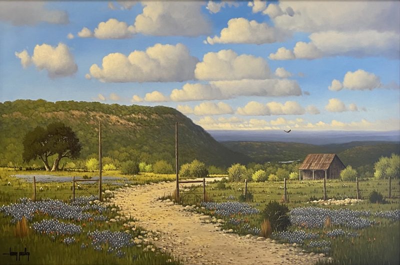 Larry Prellop Texas Bluebonnets landscape mountains clouds farm ranch western oil painting