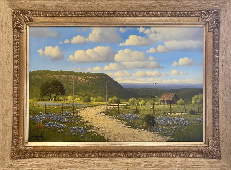 Larry Prellop Texas Bluebonnets landscape mountains clouds farm ranch western oil painting framed