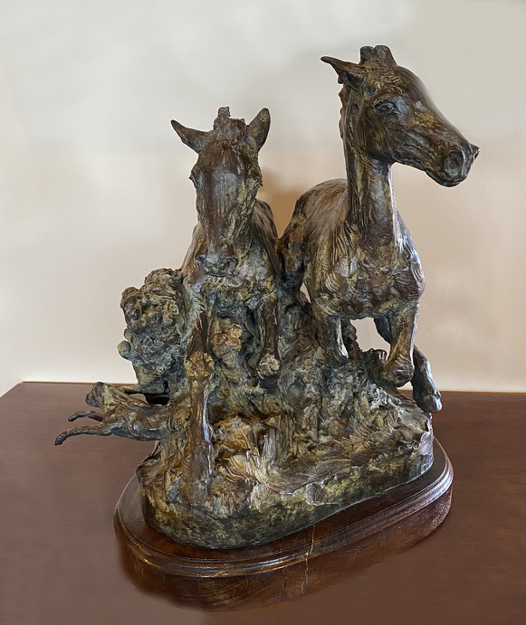 Loren Entz Rush Hour horse rabbit hare action western bronze sculpture side