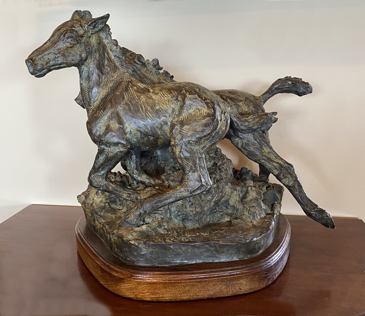 Loren Entz Rush Hour horse rabbit hare action western bronze sculpture back