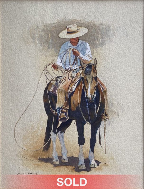 Mark Kohler Reload At Battle Mountain caballero cowboy horse rope equine western watercolor painting sold