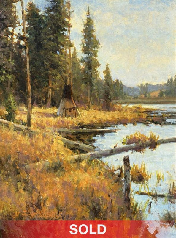R.A. Dick Heichberger Blackfoot Encampment Native American Indian tribe water lake river stream tipi tee pee landscape oil western painting sold