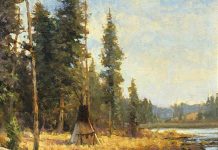 R.A. Dick Heichberger Blackfoot Encampment Native American Indian tribe water lake river stream tipi tee pee landscape oil western painting