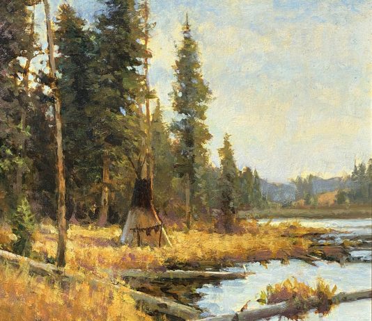 R.A. Dick Heichberger Blackfoot Encampment Native American Indian tribe water lake river stream tipi tee pee landscape oil western painting