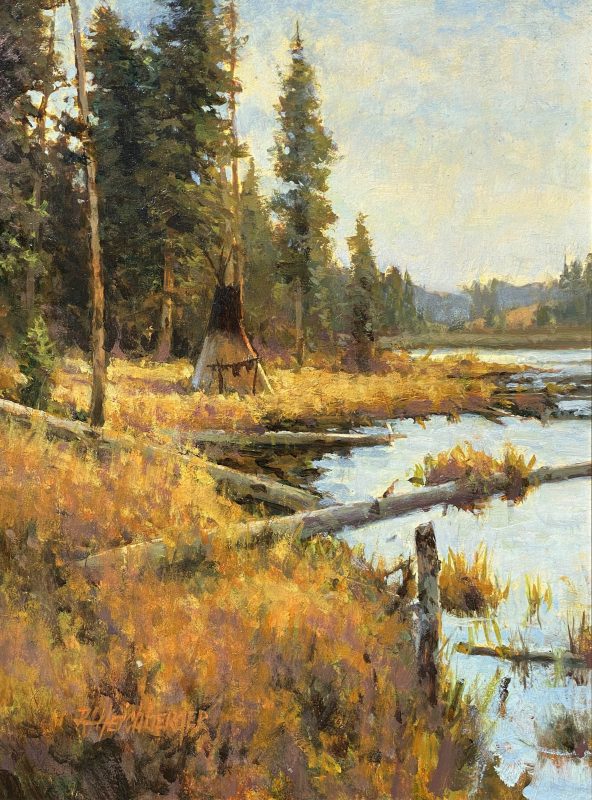 R.A. Dick Heichberger Blackfoot Encampment Native American Indian tribe water lake river stream tipi tee pee landscape oil western painting