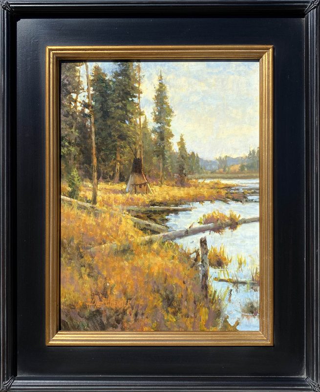R.A. Dick Heichberger Blackfoot Encampment Native American Indian tribe water lake river stream tipi tee pee landscape oil western painting framed
