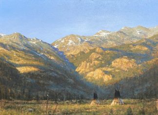 R.A. Dick Heichberger Crow Camp Native American Indian tipi tee pee mountains western landscape oil painting