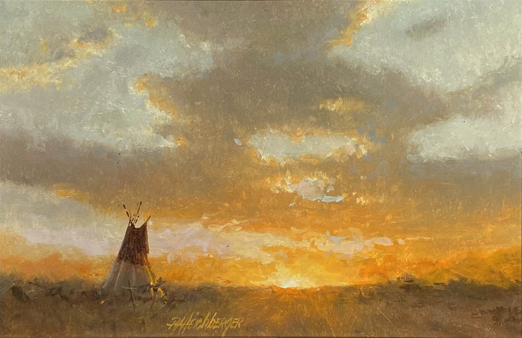 R.A. Dick Heichberger Evening Glow tipi tee pee Native American Indian settlement encampment landscape western painting