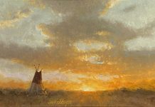 R.A. Dick Heichberger Evening Glow tipi tee pee Native American Indian settlement encampment landscape western painting