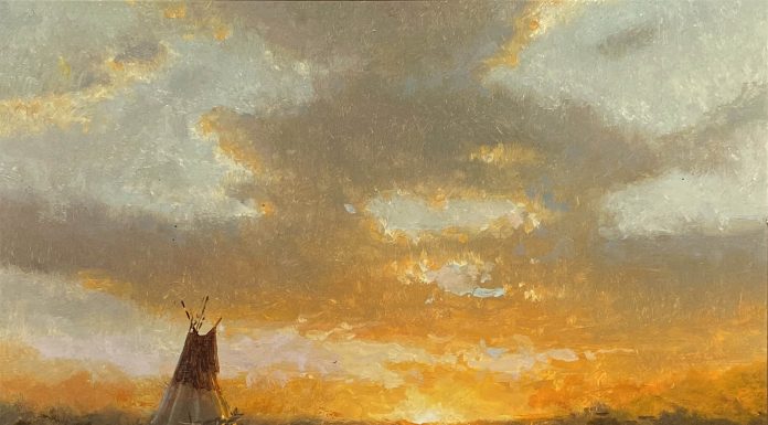 R.A. Dick Heichberger Evening Glow tipi tee pee Native American Indian settlement encampment landscape western painting