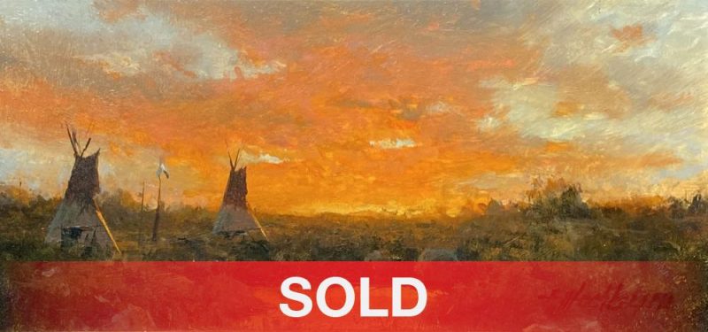 R.A. Dick Heichberger Last Light tipi tee pee Native American Indian settlement encampment landscape western oil painting sold