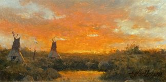 R.A. Dick Heichberger Last Light tipi tee pee Native American Indian settlement encampment landscape western oil painting