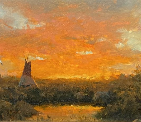 R.A. Dick Heichberger Last Light tipi tee pee Native American Indian settlement encampment landscape western oil painting