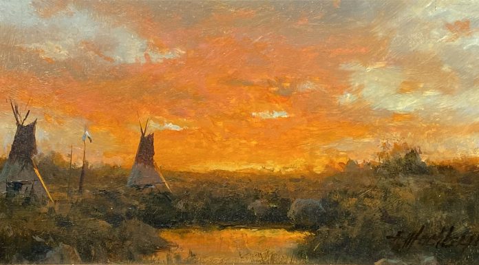 R.A. Dick Heichberger Last Light tipi tee pee Native American Indian settlement encampment landscape western oil painting