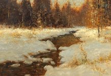 R.A. Dick Heichberger Late December Sun sunset trees snow stream river brook western oil landscape painting