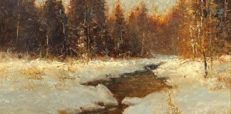 R.A. Dick Heichberger Late December Sun sunset trees snow stream river brook western oil landscape painting