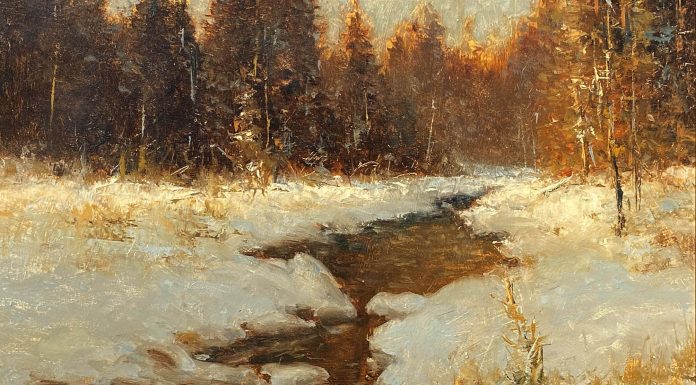 R.A. Dick Heichberger Late December Sun sunset trees snow stream river brook western oil landscape painting