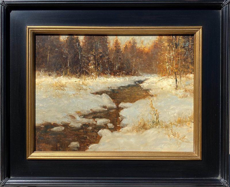 R.A. Dick Heichberger Late December Sun sunset trees snow stream river brook western oil landscape painting framed