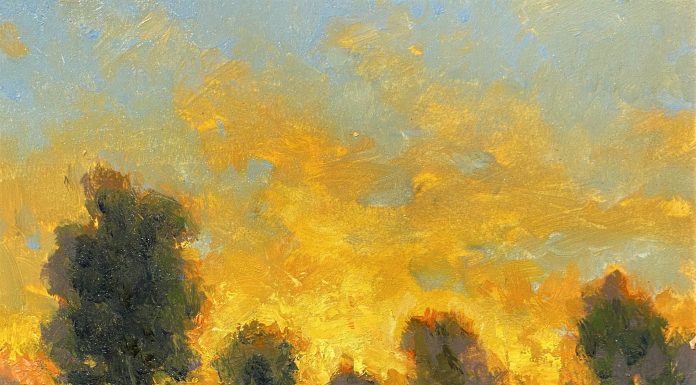 R.A. Dick Heichberger Late Sun sunset trees glowing sky western oil landscape painting