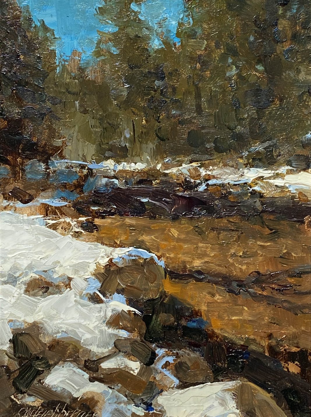 R.A. Dick Heichberger Verde Flow aspen trees snow stream river brook western oil landscape painting