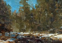 R.A. Dick Heichberger Verde Flow aspen trees snow stream river brook western oil landscape painting