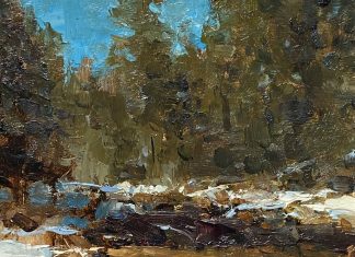 R.A. Dick Heichberger Verde Flow aspen trees snow stream river brook western oil landscape painting