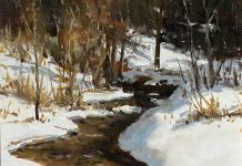 R.A. Dick Heichberger Winter Run snow creek river stream brook western landscape oil painting Arizona