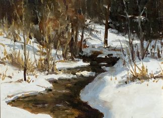 R.A. Dick Heichberger Winter Run snow creek river stream brook western landscape oil painting Arizona