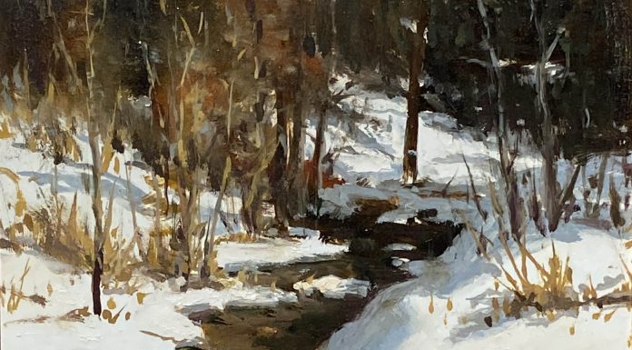 R.A. Dick Heichberger Winter Run snow creek river stream brook western landscape oil painting Arizona