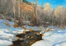 R.A. Dick Heichberger Winter Shadows aspen trees snow stream river brook western oil landscape painting