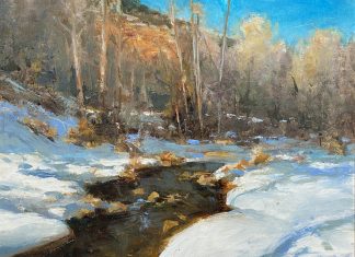 R.A. Dick Heichberger Winter Shadows aspen trees snow stream river brook western oil landscape painting