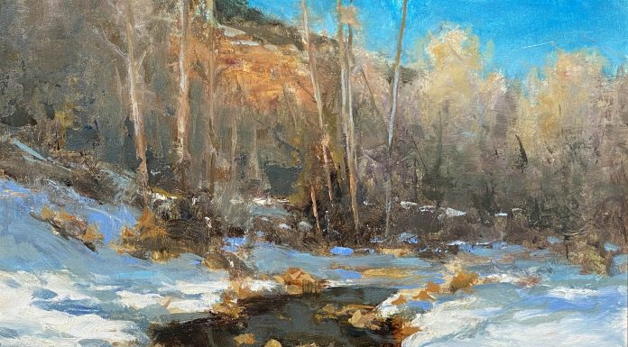 R.A. Dick Heichberger Winter Shadows aspen trees snow stream river brook western oil landscape painting