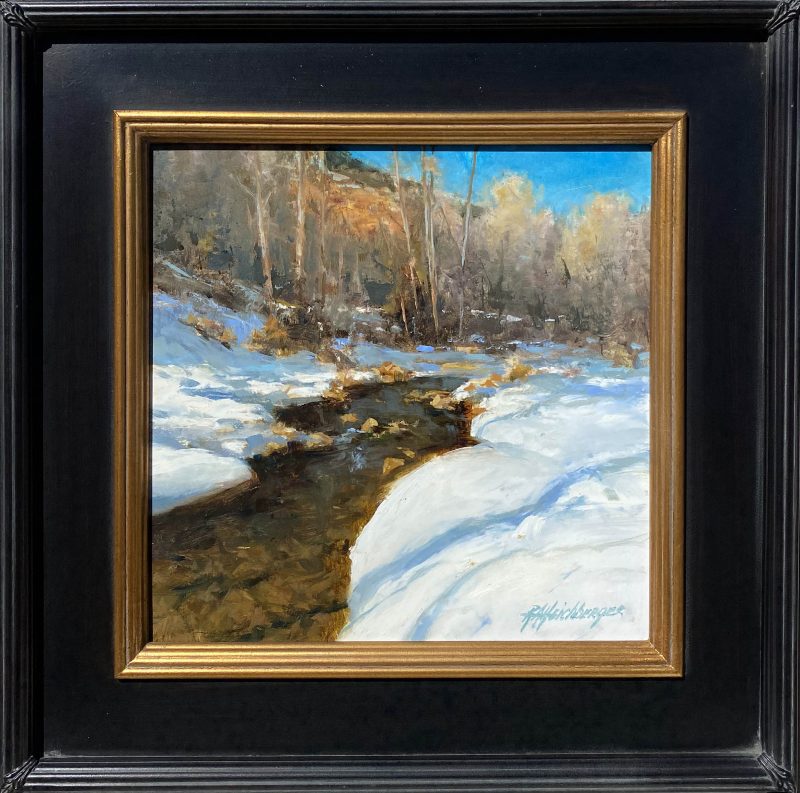 R.A. Dick Heichberger Winter Shadows aspen trees snow stream river brook western oil landscape painting framed