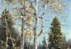 R.A. Dick Heichberger Winter Sun aspen trees snow stream river brook western oil landscape painting