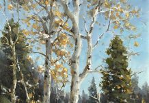 R.A. Dick Heichberger Winter Sun aspen trees snow stream river brook western oil landscape painting