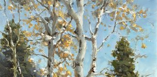 R.A. Dick Heichberger Winter Sun aspen trees snow stream river brook western oil landscape painting