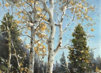 R.A. Dick Heichberger Winter Sun aspen trees snow stream river brook western oil landscape painting